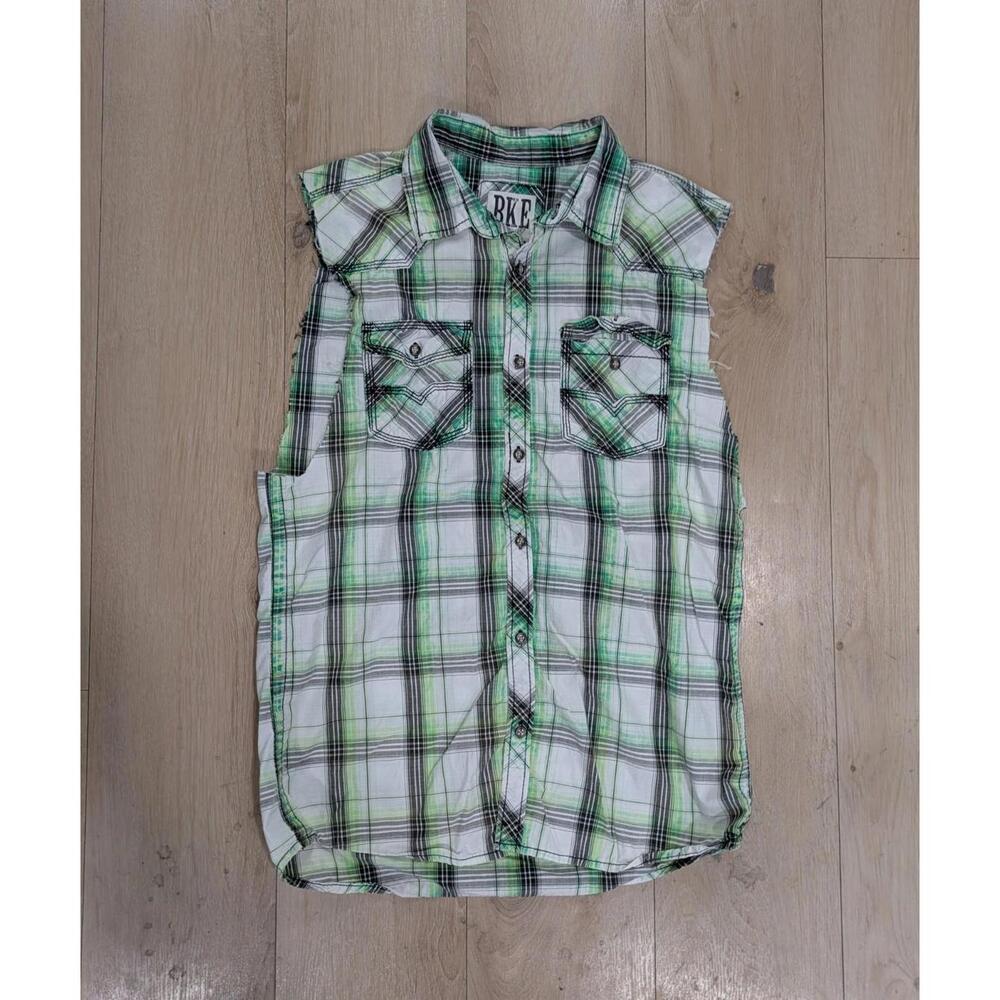 Mens Buckle BKE Vintage Green Plaid Sleeveless Cut Off Button Up Shirt Size M